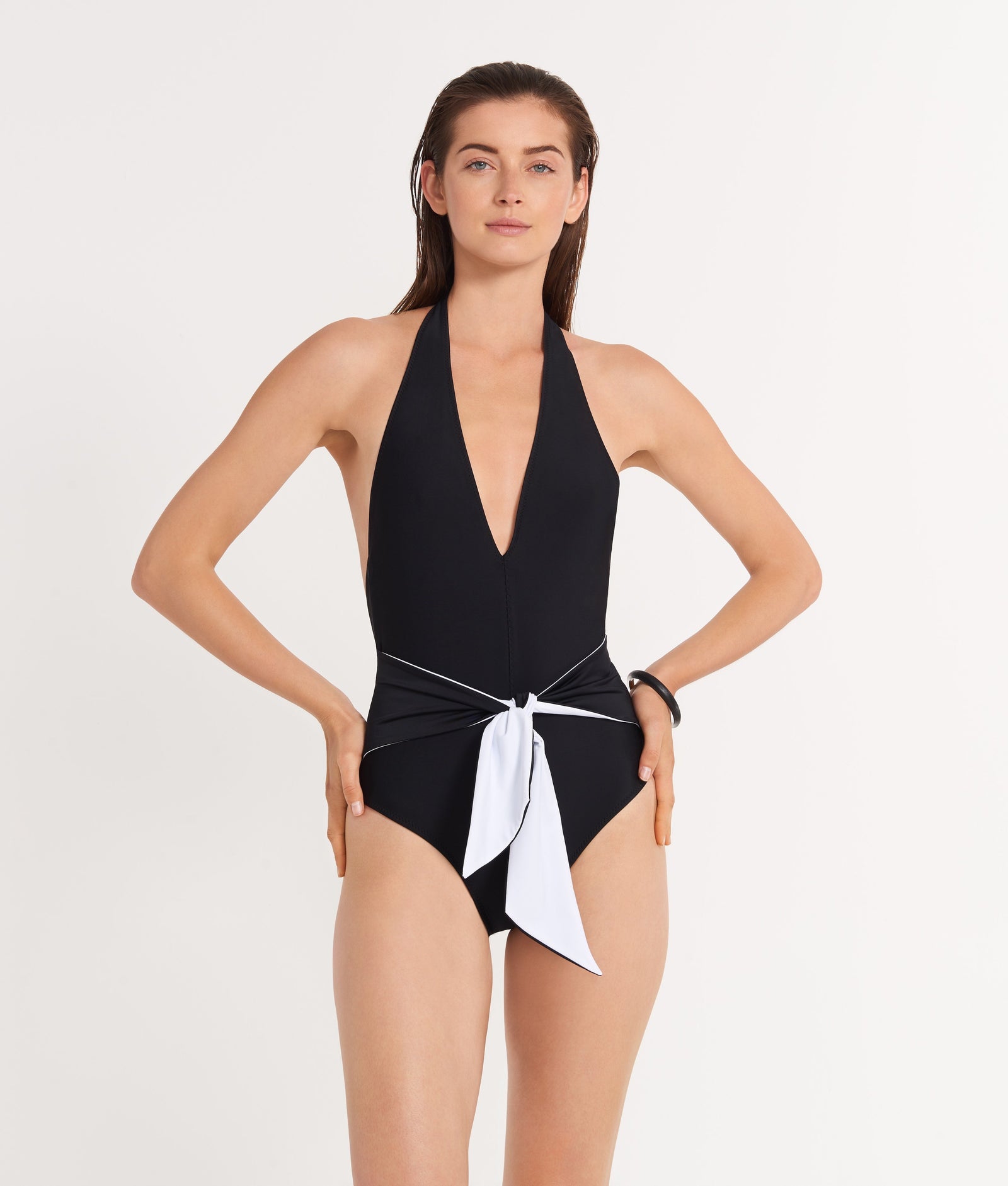 Ansea Tie Front One Piece Plunge Swimsuit ansea